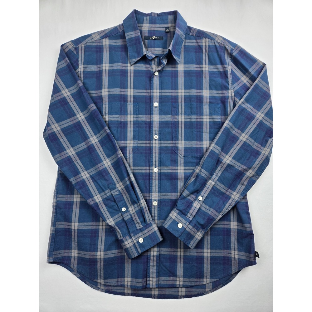 7 For All Mankind Plaid Long Sleeve‎ Button Down Shirt Mens Medium  Blue Cotton